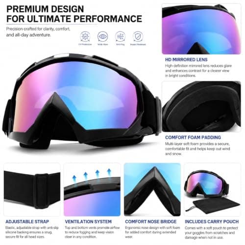 KUBDPQOR Ski Goggles with OTG Glasses Insert, HD Wide Vision Snow Goggles for Men & Women, Anti-Wind Dustproof Adjustable Goggles for Skiing, Cycling, Motocross & Outdoor Sports Black — view 4