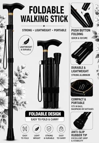 ZallyX Foldable Walking Sticks for Men & Women, 85–95cm Adjustable Ladies Walking Stick, Mobility aids, Collapsible walking stick For Elderly Adults (Black) — view 4