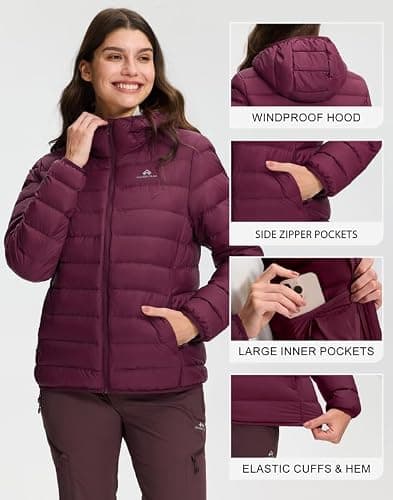 Pioneer Camp Women's Down Jacket, Lightweight Packable Insulation, Transition Jacket, Quilted Jacket with Hood and Zip Pockets, Winter Jacket for Hiking, Travel, maroon banner, M — view 5