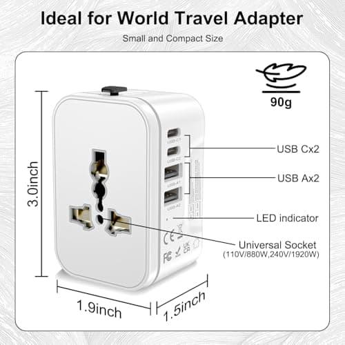 Universal Travel Adapter Worldwide with 2 USB C and 2 USB A Ports,International Travel Plug Adapter Worldwide Travel Adaptor Plug All in One Universal Charger Power Adapter UK to European EU US UK AUS — view 5