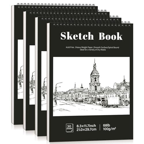 A4 Sketch Book, 4 Pack Spiral Sketch Pad, 100gsm Acid-Free Drawing Pad