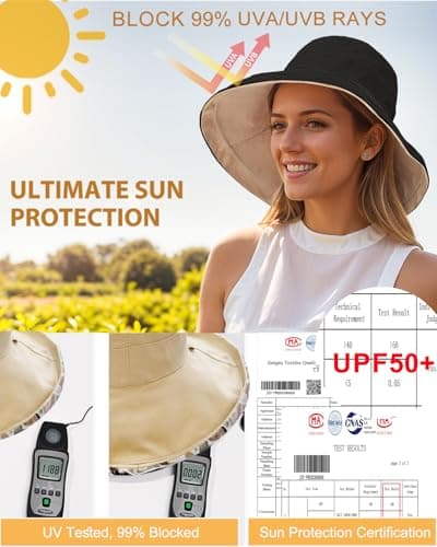 Women's 100% Cotton Sun Hats, Wide Brim, for Gardening, Travel, Sun Protection, Foldable, for Beach, Foldable Brim, 40 — view 3