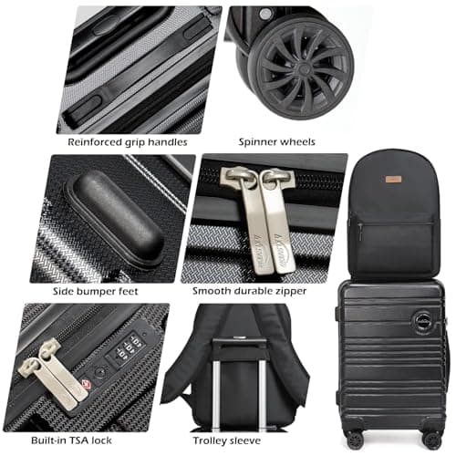 Aklsvion 20 Inch Suitcase Set PC Hard Shell Luggage Hand Luggage Travel Trolley Case Cabin Bag Sets 3 Piece Luggage Sets with Travel Backpack and Toiletry Bag for Short Travel (Black) — view 4