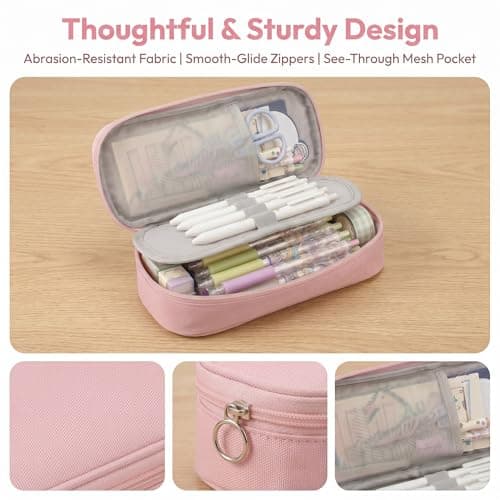 Pencil Case with Compartments, Cute Pink Pencil Case for Kids Girls Boys, Durable Stationery Supplies for School Students, Secondary School Teens, Large Pencilcase Big Capacity with Office & Travel — view 6