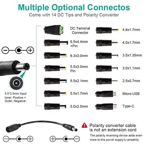 Universal Power Supply 3V~24V 5A 120W Adjustable Variable 3V 5V 9V 12V 18V 20V 24V AC/DC Adapter Charger, 100V-240V AC to DC Converter with 14 Tips, Polarity Converter and 4-Way Power Splitter Cable — view 3