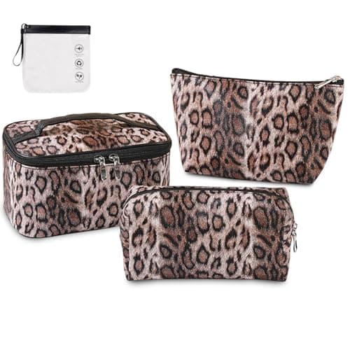 3 Pcs Leopard Print Makeup Bag Set, Dark Brown Travel Cosmetic Bags & Toiletry Organiser for Women, Portable Vanity Case Pouch, Stylish Travel Essentials & Beauty Gifts