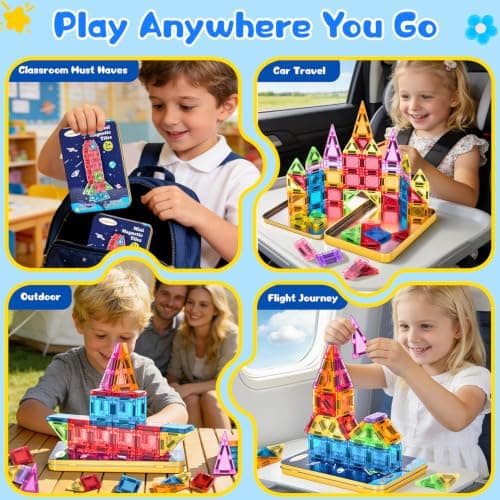 LeagoEra Mini Magnetic Tiles Toddler Toys, 48PCS Travel Magnetic Tiles Building Blocks Toy Plane Activities for Kids Ages 3 4 5 6 7 8 Years Old Boys Girls Gifts — view 3