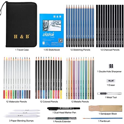 H & B Drawing Pencils and Sketch Pad 72 Pieces, Artist Colouring Pencils Sketching Set, Complete Sketch Kit Includes Graphite Pencils,Colour Drawing Pencils for Kids,Adults — view 2