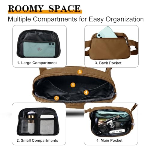 Bomvabe Brown Fanny Pack for Women Teens Girls, 1L Everywhere Belt Bag with Adjustable Strap 32" to 51", Small BumBag for Ladies with Multi Pockets, Crossbody Bag Lightweight for Travel Sport Running — view 6