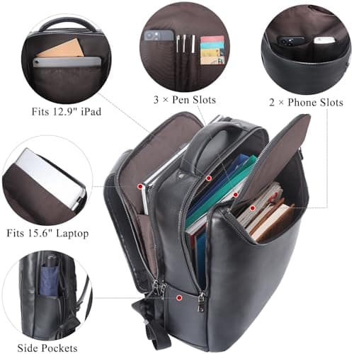 TIDING Men's Full Grain Leather Backpack 15.6 inch Laptop — view 2