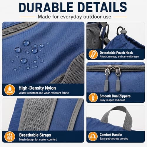 NWDEY Lightweight Foldable Backpack, Waterproof Small Rucksack with Flip Top Main Compartment, 160g Packable Casual Daypack for Men Women Kids, Perfect for Hiking Camping Travel Cycling (Navy Blue) — view 3