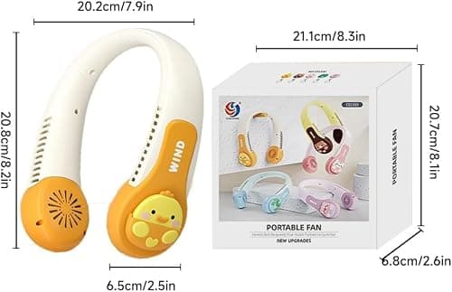 Portable Neck Fan for Kids,1800mAh Cartoon Bladeless Neck Fan,Wearable Hands Free Bladeless Mini-Fan,1200mAh Neck Fan with 3 Speeds Adjustable,for Kids Girls Students Outdoor Indoor (Yellow) — view 2