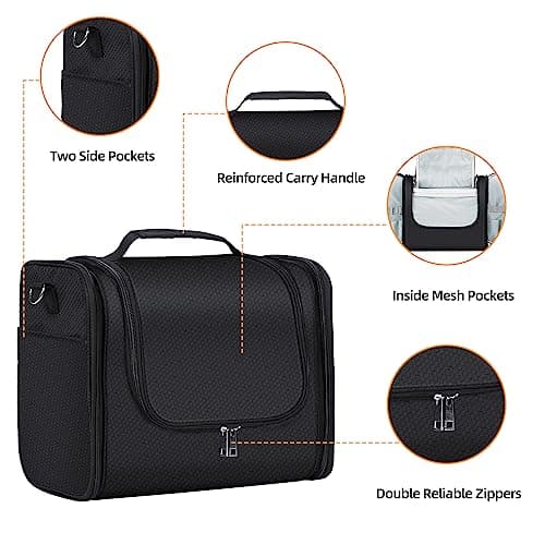 Large Capacity Toiletry Bag for Women and Men, Hanging Toiletry Organizer Cosmetics Makeup Bag, Water-Resistant Dopp kit Shaving Bag for Full Sized Toiletries, Travel Essentials, Black, XL, Classic — view 4