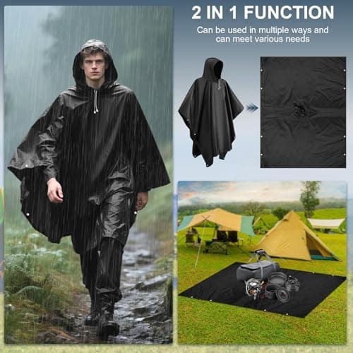 Czyan 2 Pack Rain Ponchos for Adults Reusable,Thickened Portable EVA Waterproof Raincoats Survival Emergency Lightweight Duty Rain Coat with Drawstring Hood for Hiking Camping Fishing & Travel - Black — view 3