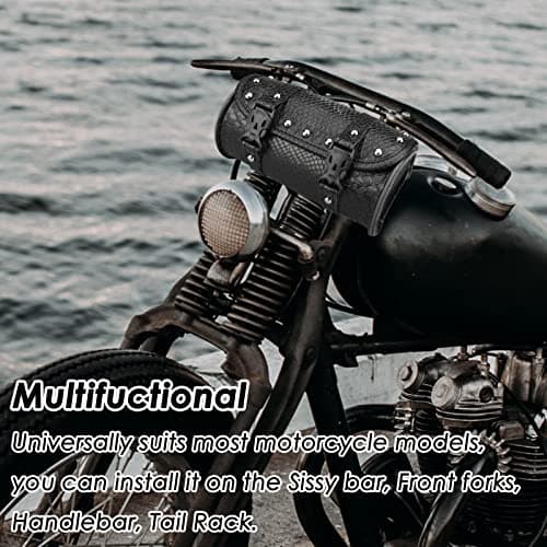 wiipara Motorcycle Tool Bag, Universal PU Leather Waterproof Saddlebag Handlebar Storage Bag for Motorcycle Front Forks Sissy Bar with 2 Straps — view 6