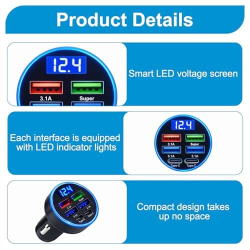 LED USB Car Charger Adapter 6 In 1, 2 Type-C Ports Plus 4 USB Ports — view 3
