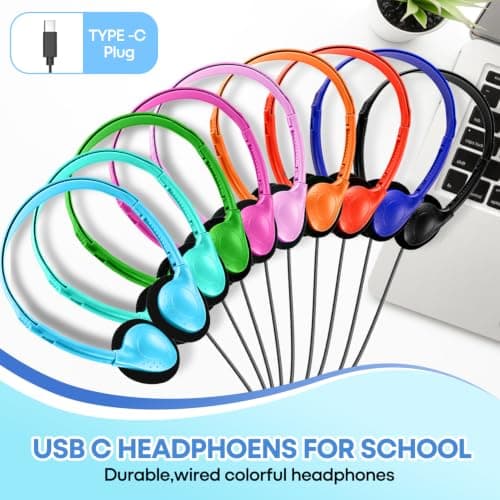 Type C Kids Headphones Bulk for School Classroom 20 Pack, Upgrade USB Type C Wired Headphones for Boys Girls Students Travel Learning Compatible with Tablet Smartphones Chromebook (Mixed Colors) — view 6