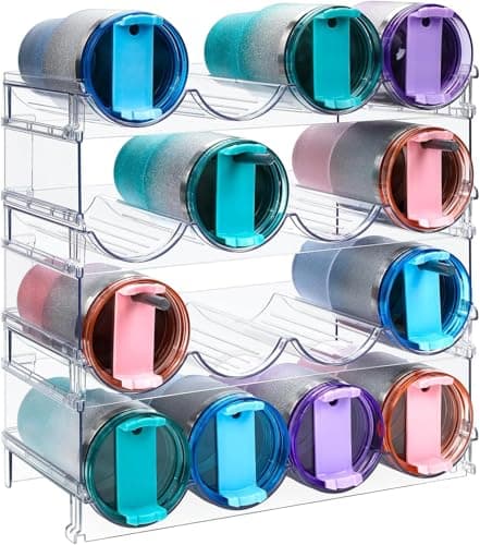 KAHEIGN 4Pcs Water Bottle Organizers, 39CM x 21CM Clear Stackable Tumbler Storage Rack Plastic Water Bottle Holder for Fridge Kitchen Cabinet Pantry Wine Bottles Mug Cup Drink (Hold 16 Bottles)