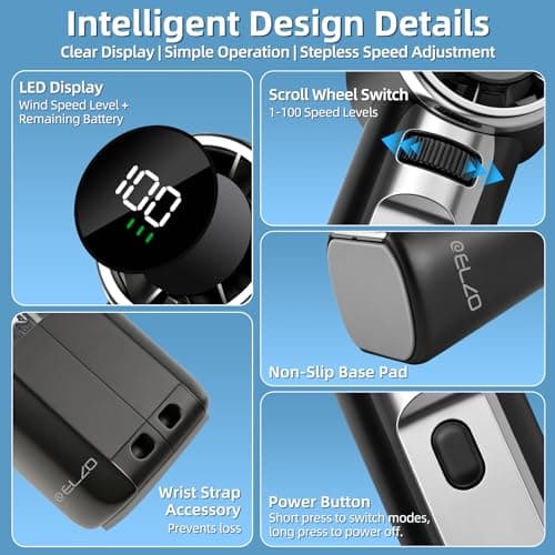 ELZO Portable Handheld Fan, High Speed Turbo Mini Fan (20000RPM) with 1-100 Stepless Speed, 4000mAh Rechargeable Personal Fan Pocket Size, Powerful Electric Hand Fan for Travel, Camping, Makeup,Black — view 4