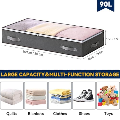 AIOR 2 Pack 90L Under Bed Storage Bags, Large Capacity Closet Organizer Bags for Clothes, Comforters, Blankets, Bedding, Foldable Container with Sturdy Zipper and Clear Window — view 2
