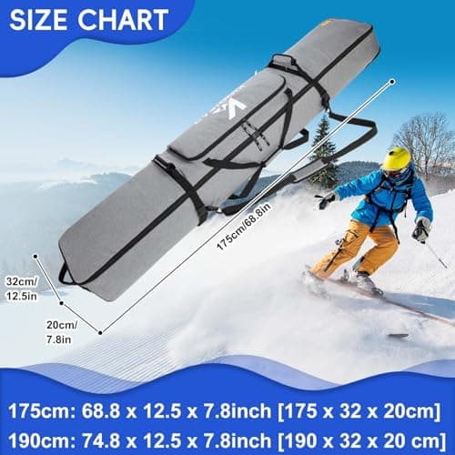Kioqiear Rolling Ski Bag with Wheels for Air Travel,Padded Double Ski Bag to Hold 2 Pairs of Skis up to 175 or 190 cm. (Grey, 175cm) — view 6