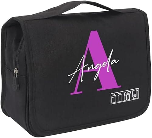 Getagift Black Personalised Hanging Toiletry Bag – Custom Name & Initial Wash Bag – Waterproof Travel Organiser for Men & Women – Grooming Cosmetic Kit Pouch with Hook – Stylish Gift for Him/Her