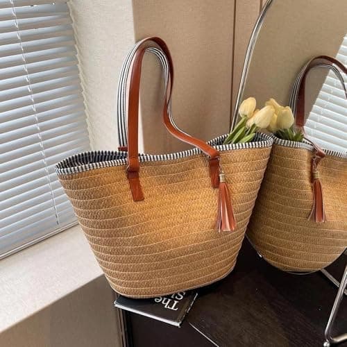 Pahajim Large Tote Bag with Zip Beach Bags for Women Straw Handbag Hand Woven Shoulder Bag for Travel, Holidays and Shopping — view 3