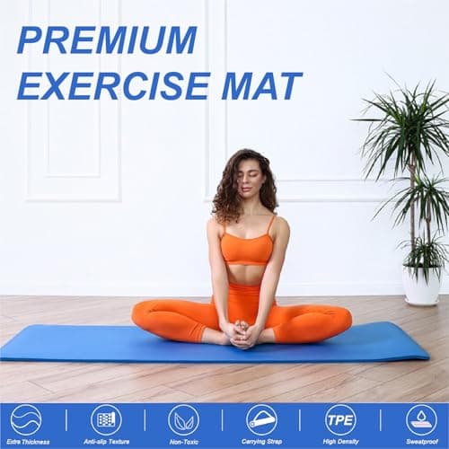 Yoga Mat Unisex Non-Slip Thick Foam Exercise Mat 10mm with Carry Strap – Lightweight Home Gym Equipment for Yoga, Pilates, Stretching (Blue) — view 2