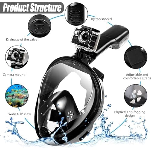 Snorkel Mask, Full Face 180°view Snorkeling Gear with Panoramic Design-Compatible Sports Camera, Diving Mask with Anti-fog and Anti-leak Technology for Adults and Kids (Black, L/XL) — view 3