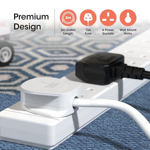 SLx Extension Lead 2m 6 Way Gang Socket 13A UK Plug 3 Pin Mains Power Extension Cord Compact Travel Power Strip White — view 5