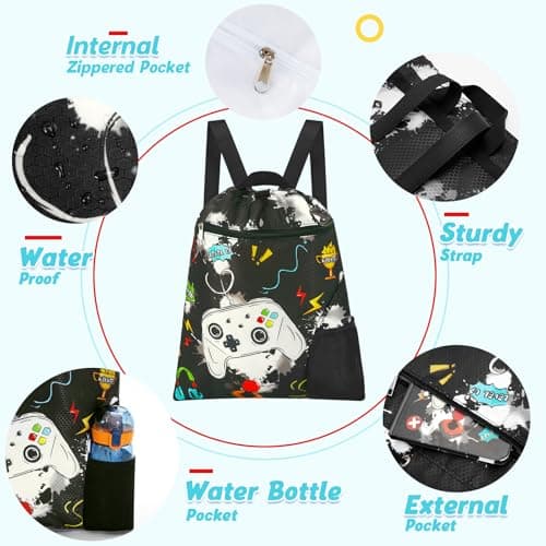 WAWSAM Kids Drawstring Gym Bag with Zippered Pocket and Water Bottle Pocket — view 2