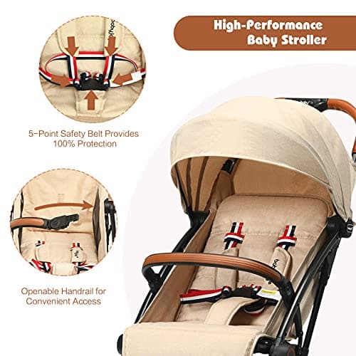 COSTWAY Lightweight Baby Stroller, One-Hand Foldable Infant Pushchair with 5-Point Harness, Adjustable Backrest/Footrest/Canopy, Compact Travel Buggy for 0-3 Years (Beige) — view 4