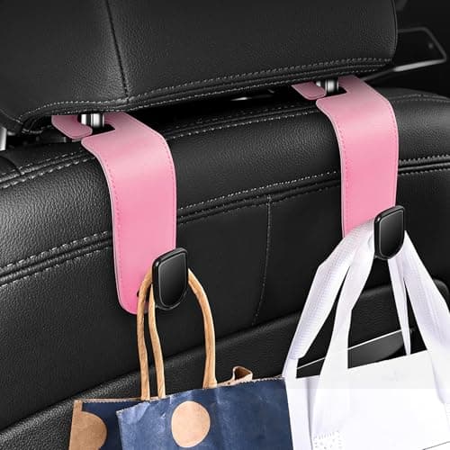 2 Pack Car Seat Back Storage Hook,PU Leather Car Seat Headrest Hook for Car Handbag Clothes (Pink) — view 5