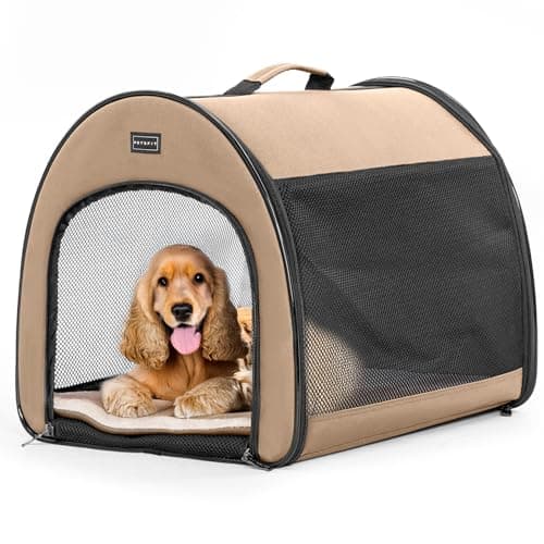 PETSFIT Soft Dog Crate, Cat Travel Carrier- 26.5 Inch Lightweight, Roomy, Easy to Set Up, Portable Pop Up Carrier with Thick Mat, Large Cat Carrier for 2 Cats,Sturdy Soft Sided Dog Crate, Khaki