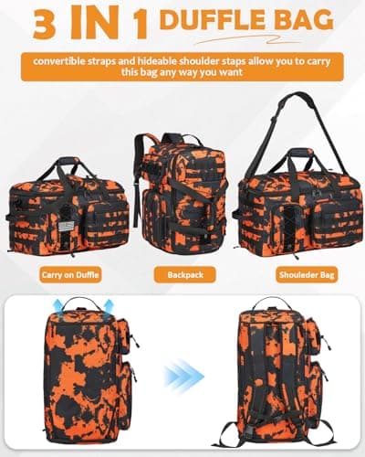 50L Gym Bags for Men, 3 in 1 Travel Duffle Bag with Shoe Compartment, Tactical Military Backpack for Overnight Weekender Gym Traveling Workout Deployment, Orange Graffiti, 50L, 3 in 1 Tactical Duffle — view 3