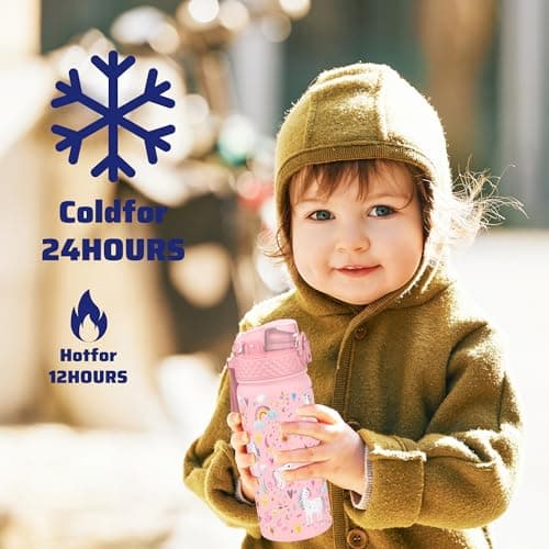 GOPPUS 550ml/18oz Kids Insulated Water Bottle with Straw Cute Double Wall Stainless Steel Child's Small Flask Vacuum Insulated Steel Metal Leak Proof Drink Flask Boys Toddler Girls Bottles BPA-Free — view 5
