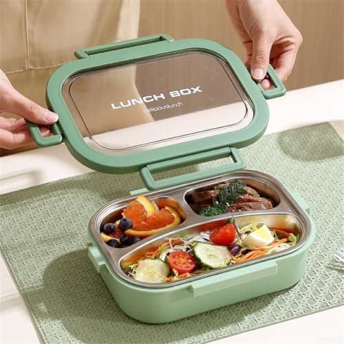 HEIBTENY Stainless Steel Lunch Box 3 Compartment Leakproof Container for Adults Kids School Work Office Picnic Travel Blue Yellow 23.7cm(Blue) — view 6