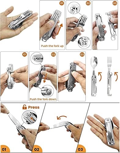 HONZIN Folding Camping Cutlery Set, 5 in 1 Multifunctional Portable Stainless Steel Cutlery, Outdoor Detachable Tableware Utensil for Travel, Hiking, Picnic, with Drawstring Pouch (1 Pack) — view 4