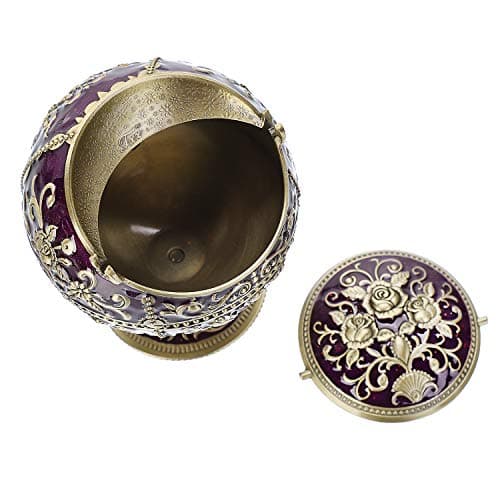 Windproof Ashtray with Lid for Cigarettes Metal Portable Cigar Ashtray Odor Eliminator for Indoor outdoor Hand Stamped Rose Pattern with Sparkle Fancy Gift for Men Women (Dark Purple-Bronze) — view 4