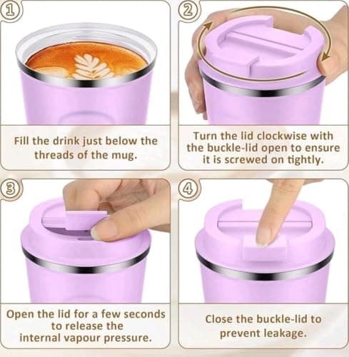 Insulated Travel Coffee Cup with Lid, Stainless Steel Band Travel Coffee Mugs Leak-Proof, Reusable Coffee Tea tumblers, Thermal Insulation Cups for Men Women hot & Cold Drinks (Purple-Mint) — view 5