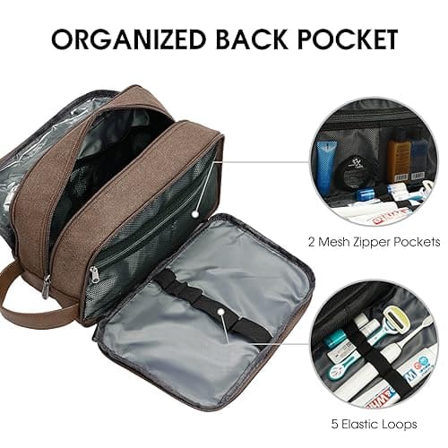 WANDF Toiletry Bag for Men, Travel Wash Bag with Handle, Water-Resistant Canvas Shaving Organiser, SBS Metal Zipper Dopp Kit for Makeup Bathroom Gym (Brown) — view 4