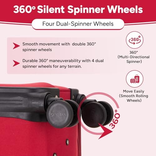 Skylark Medium Suitcase 24" Super Lightweight Luggage 20% Expandable 4 Wheels Spinner 3-Digit Combination Lock Soft Shell Luggage for 15 to 20kg (Red, 78 litres) — view 5