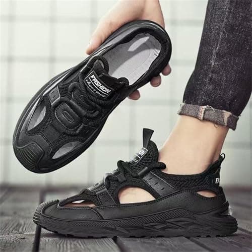Metaju Men's Closed Toe Outdoor Sandals, Leather Lightweight Hiking Sandals, Breathable Non-Slip Rubber Sole Walking Shoes for Trekking Camping Beach Travel Summer Sports (Black,9.5) — view 3