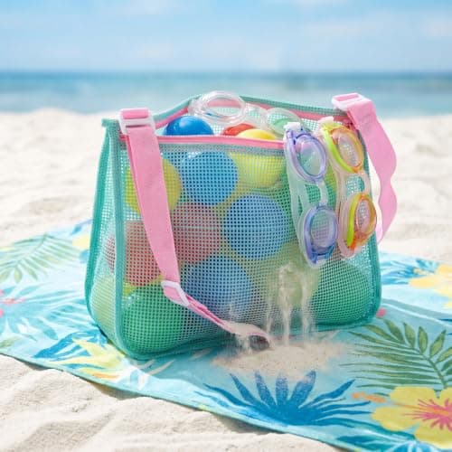 Kemay Mesh Beach Bag for Kids, Foldable Seashell Collecting Bag with Adjustable Strap, Sand Remover Shower Caddy Tote, Quick Dry Wash Bag for Swimming Pool, Travel and Camping Accessories — view 4