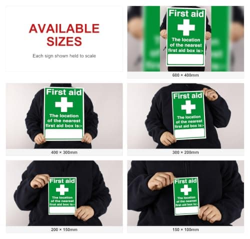 First aid the location of the nearest first aid box is - safety sign - 1.2mm Rigid plastic for indoor/outdoor usage (200mm x 150mm) Viewing Distance within 5m. — view 2