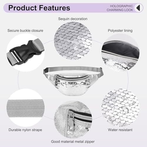 DTGN Sequined Fanny Pack for Women, Cute Waist Belt Bag, Crossbody Bag Water Resistant Fashion Small Bum Bag with Adjustable Belt for Running Hiking Shiny Silver — view 3