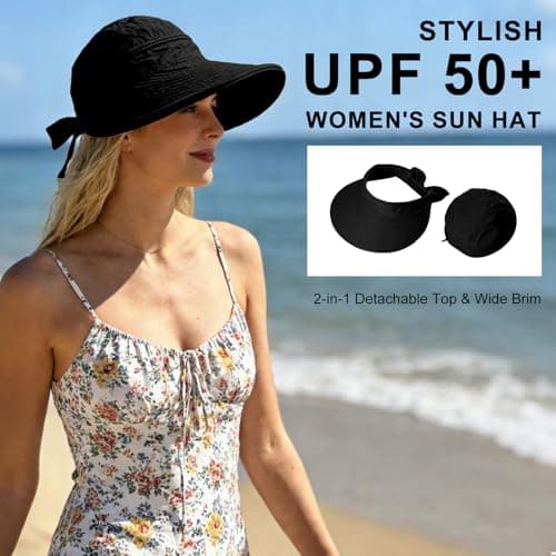 ADUDVLO Sun Hats for Women UK, Stylish UPF 50+ 2-in-1 Detachable Top & Adjustable Visor, Foldable Packable Wide Brim Beach Hat for Travel & Outdoor (Black) — view 3