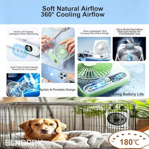 Dog Crate Fan, Rechargeable USB Pet Cooling Fan with Digital Battery Display, 5 Speed Quiet Kennel Fan with 180° Adjustable Airflow for Dog Crates, Carriers, Cages and Travel — view 4