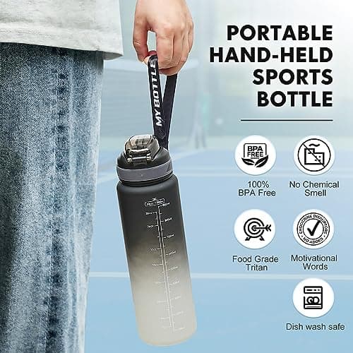 SEASEVEN Sports 1L Water Bottle with Straw for Gym,Office(Black-Grey) — view 6