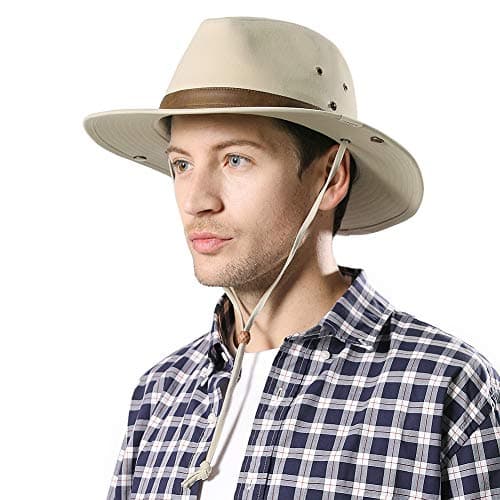 Comhats UPF 50 Cotton Safari Fedora Aussie Hat Men, Womens UV Protection Sun Hat for Fishing Hiking Walking, Summer Bush Hat, Wide Brim Travel Adventurer Hat, Beige White L — view 2